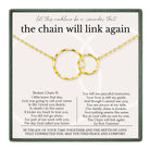 a necklace with a pendant that says "The chain will link again" and includes a poem about the chain symbolizing the connection between people.